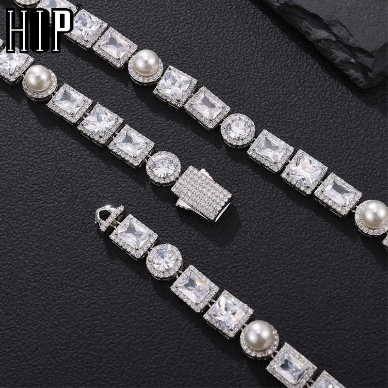 Hip-Hop-10MM-Bling-Tennis-Chain-With-Pearl-Necklace-Iced-Out-AAA-CZ-Cubic-Zirconia-Necklaces Elevate Your Look: 10MM Bling Tennis Chain with Pearl Charm - Image 1