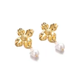 Steel Flower Pearl Earrings Plated Earrings  18K Gold - Image 2