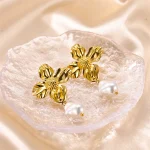 Steel Flower Pearl Earrings Plated Earrings  18K Gold - Image 3