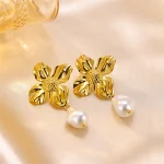 Steel Flower Pearl Earrings Plated Earrings  18K Gold - Image 5