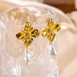 Steel Flower Pearl Earrings Plated Earrings  18K Gold - Image 6