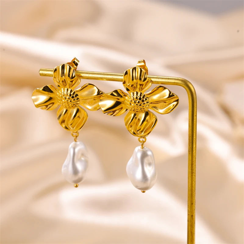 Hip-Hop-1Pair-Inoxidable-Stainless-Steel-Flower-Pearl-Earrings-18K-Gold-Plated-Earrings-For-Women-Men Steel Flower Pearl Earrings Plated Earrings 18K Gold - Image 1