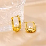 U-Shape Pearl Earrings: Inoxidable Stainless Steel, 18K Gold Plated - Image 2