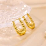 U-Shape Pearl Earrings: Inoxidable Stainless Steel, 18K Gold Plated - Image 5
