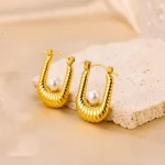 U-Shape Pearl Earrings: Inoxidable Stainless Steel, 18K Gold Plated - Image 6