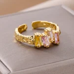 Pink Zircon Square Stainless Steel Rings For Women Gold Plated - Image 2