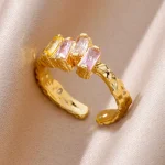 Pink Zircon Square Stainless Steel Rings For Women Gold Plated - Image 4