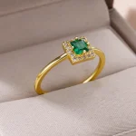 Square Green Zircon Stainless Steel Rings for Women Girls Gold Plated Luxury Vintage - Image 2
