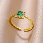 Square Green Zircon Stainless Steel Rings for Women Girls Gold Plated Luxury Vintage