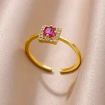 Square Green Zircon Stainless Steel Rings for Women Girls Gold Plated Luxury Vintage - Image 3